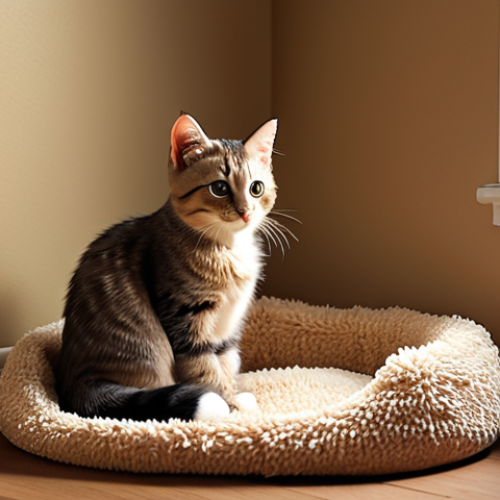 Home 16 ** A serene and inviting corner in a traditionally decorated home, bathed in soft, warm sunlight. A fluffy, calm kitten is comfortably nestled in a plush bed, with a clean litter box, and separate food and water bowls neatly arranged nearby. The atmosphere is peaceful and safe, reflecting a new cat's perfect first haven.
2. **Prompt for