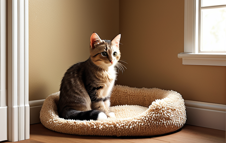 ** A serene and inviting corner in a traditionally decorated home, bathed in soft, warm sunlight. A fluffy, calm kitten is comfortably nestled in a plush bed, with a clean litter box, and separate food and water bowls neatly arranged nearby. The atmosphere is peaceful and safe, reflecting a new cat's perfect first haven.
2. **Prompt for
