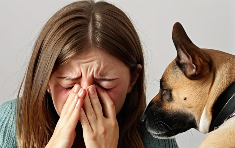 **
A person sneezing and rubbing their eyes, with a dog nearby. Emphasis on the allergic reaction.
**