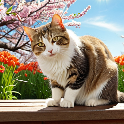 Home 8 ** A cat being brushed outdoors in a spring setting (blooming flowers, sunny). The cat looks relaxed and the brush is removing loose fur. Emphasis on the effectiveness of brushing for shedding.
**
