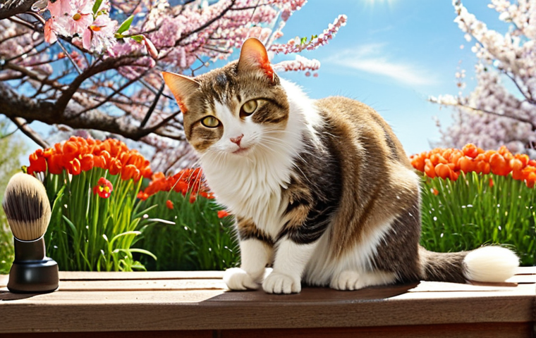 ** A cat being brushed outdoors in a spring setting (blooming flowers, sunny). The cat looks relaxed and the brush is removing loose fur. Emphasis on the effectiveness of brushing for shedding.
**