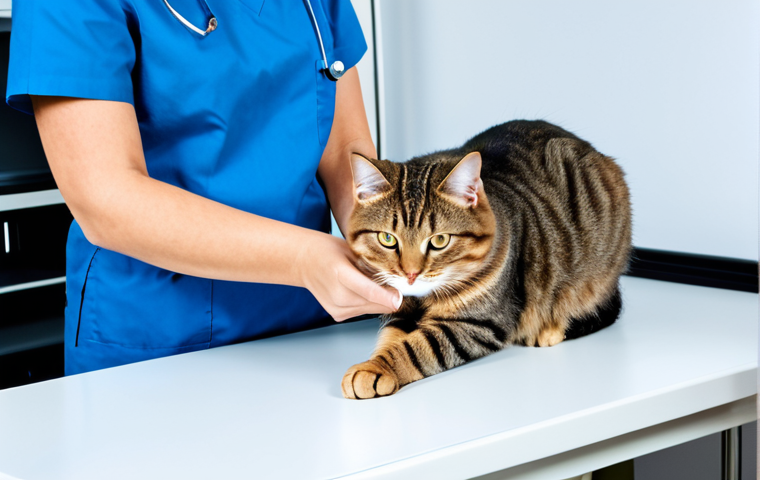 **
"A professional veterinarian examining a fully clothed, healthy domestic cat. The cat is on an examination table in a bright, clean vet's office. The vet is wearing appropriate medical attire. Safe for work, appropriate content, modest, family-friendly. Perfect anatomy, correct proportions, natural pose, well-formed hands, proper finger count, natural body proportions, professional photography, high quality."
**