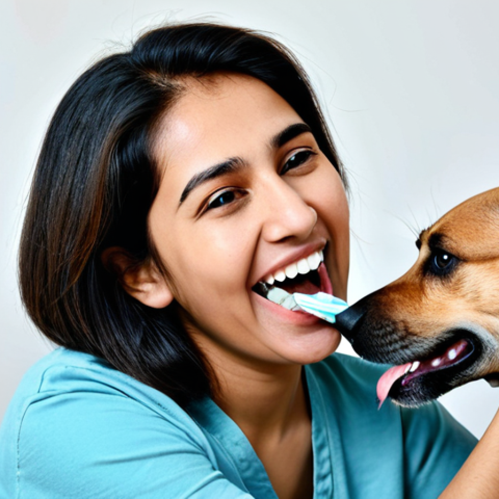 Pet Owner Brushing Dog's Teeth**
A caring Pakistani pet owner gently brushing their dog's teeth with a specialized pet toothbrush and toothpaste in a bright, clean home setting. The dog is a medium-sized breed, relaxed and comfortable. Focus on the positive interaction and dental care routine. safe for work, appropriate content, fully clothed, family-friendly, perfect anatomy, correct proportions, natural pose, well-formed hands, proper finger count, natural body proportions, professional.
**