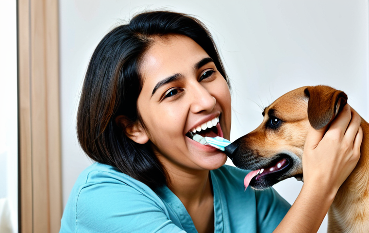 Pet Owner Brushing Dog's Teeth**
A caring Pakistani pet owner gently brushing their dog's teeth with a specialized pet toothbrush and toothpaste in a bright, clean home setting. The dog is a medium-sized breed, relaxed and comfortable. Focus on the positive interaction and dental care routine. safe for work, appropriate content, fully clothed, family-friendly, perfect anatomy, correct proportions, natural pose, well-formed hands, proper finger count, natural body proportions, professional.
**