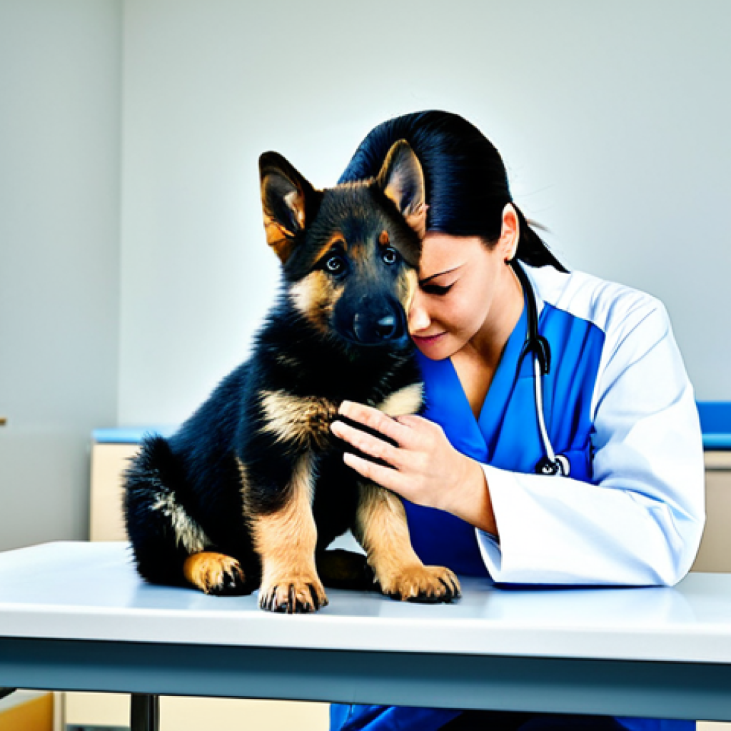 **
"A veterinarian examining a fully clothed German Shepherd puppy on an examination table in a brightly lit clinic, appropriate attire, safe for work, perfect anatomy, natural proportions, professional setting, family-friendly, high quality."
**