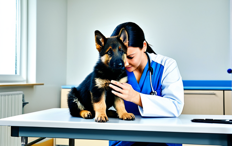 **
"A veterinarian examining a fully clothed German Shepherd puppy on an examination table in a brightly lit clinic, appropriate attire, safe for work, perfect anatomy, natural proportions, professional setting, family-friendly, high quality."
**