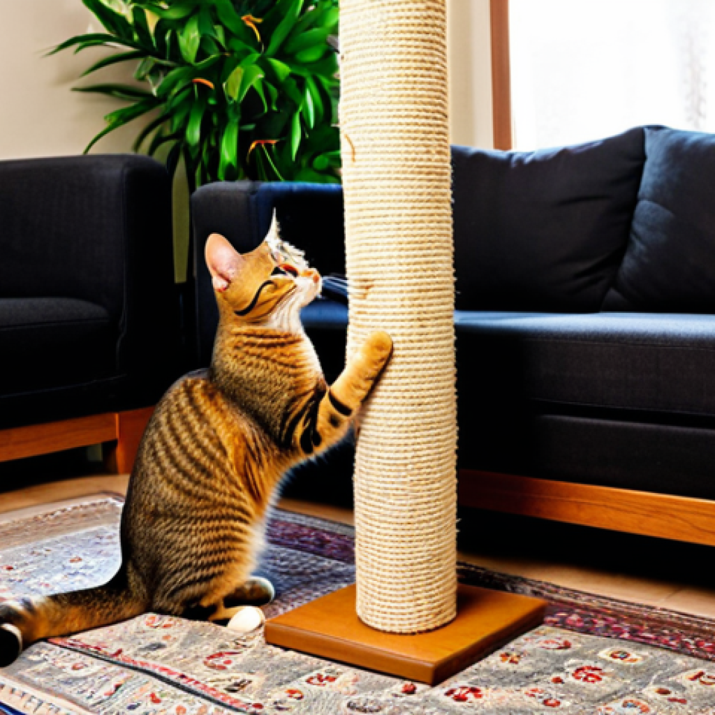 고양이 가구 손상 방지법 - **Prompt:** "A cozy Pakistani living room scene, showcasing a sisal scratching post next to a sofa w...