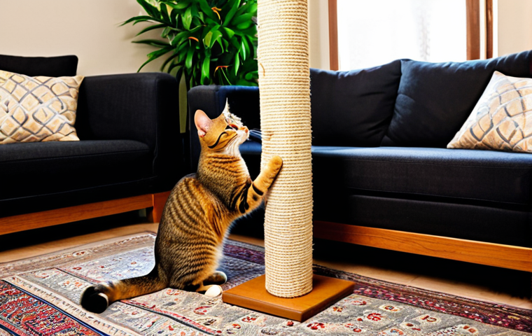 고양이 가구 손상 방지법 - **Prompt:** "A cozy Pakistani living room scene, showcasing a sisal scratching post next to a sofa w...