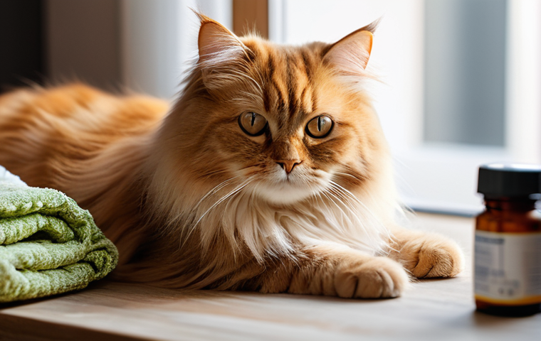 고양이 약물 복용 요령 - **Prompt:** A serene and brightly lit indoor scene. A kind-faced, gentle human (gender-neutral, wear...