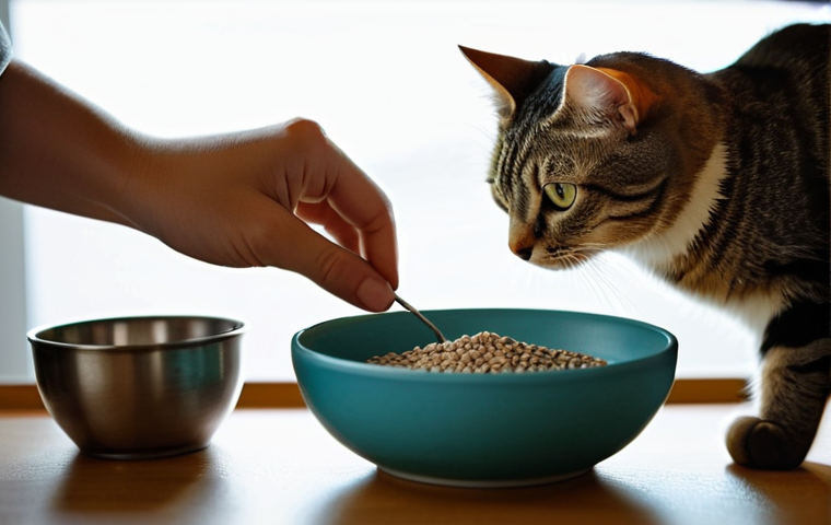 고양이 약물 복용 요령 - **Prompt:** A serene and brightly lit indoor scene. A kind-faced, gentle human (gender-neutral, wear...