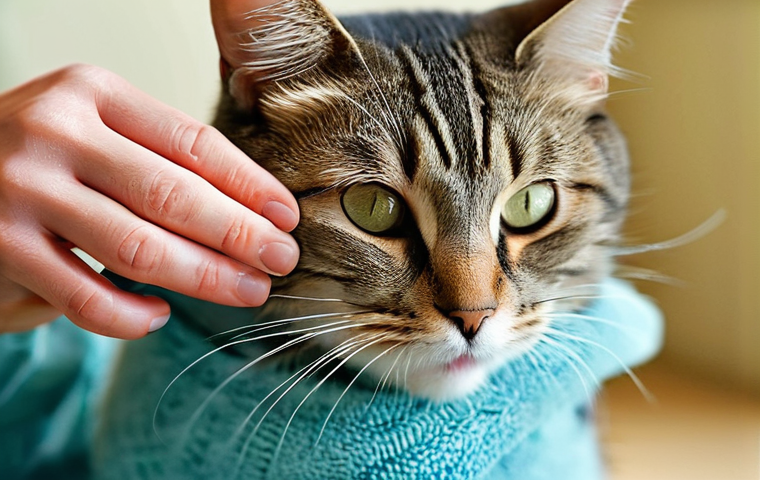 고양이 약물 복용 요령 - **Prompt:** A close-up shot of a clever cat owner (gender-neutral, wearing a simple shirt) carefully...