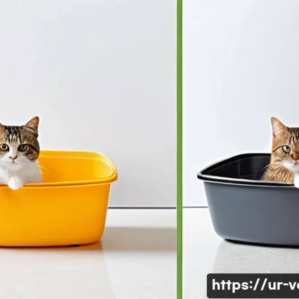 고양이 배변 훈련 꿀팁 - **Prompt: The Importance of Litter Box Size**
"A visually striking split image. On the left side...