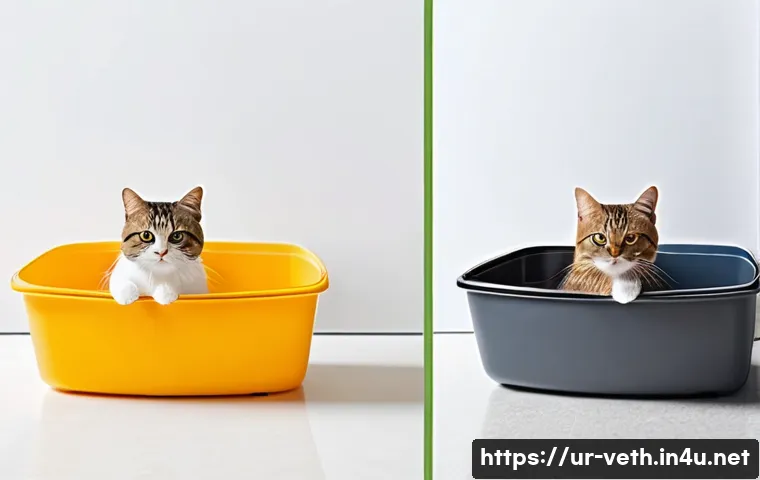 고양이 배변 훈련 꿀팁 - **Prompt: The Importance of Litter Box Size**
"A visually striking split image. On the left side...